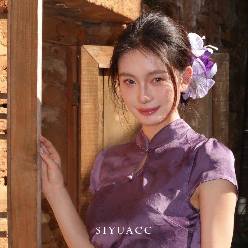 新中式浅紫色百合花抓夹女高级感古风发夹氛围感发抓旅游拍照头饰