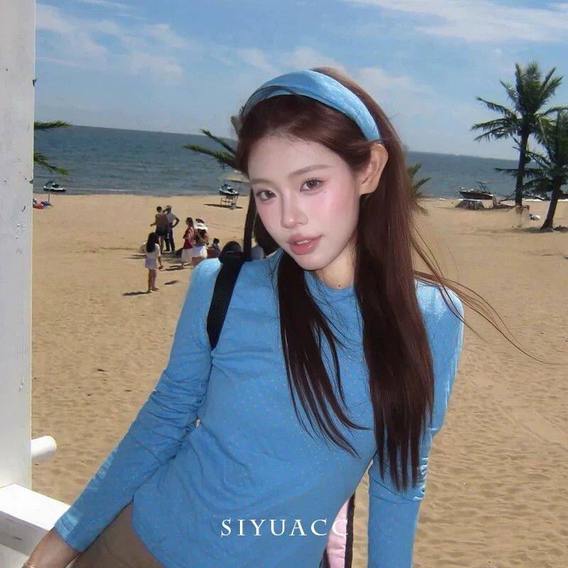 韩系蓝色布艺波点发箍女氛围感头箍百搭海边拍照显脸小头饰发饰