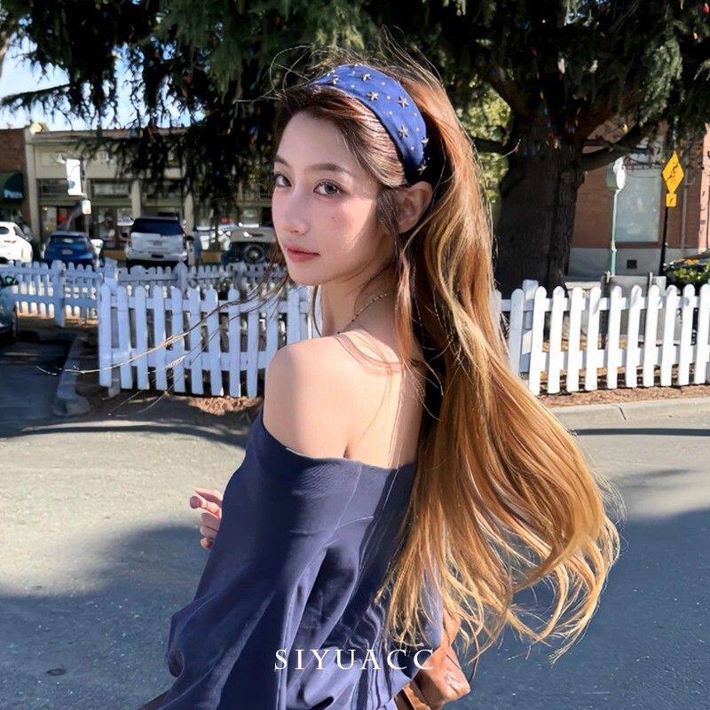 甜酷蓝色铆钉星星发箍女美式y2k千禧辣妹宽边压发头箍高颅顶发饰