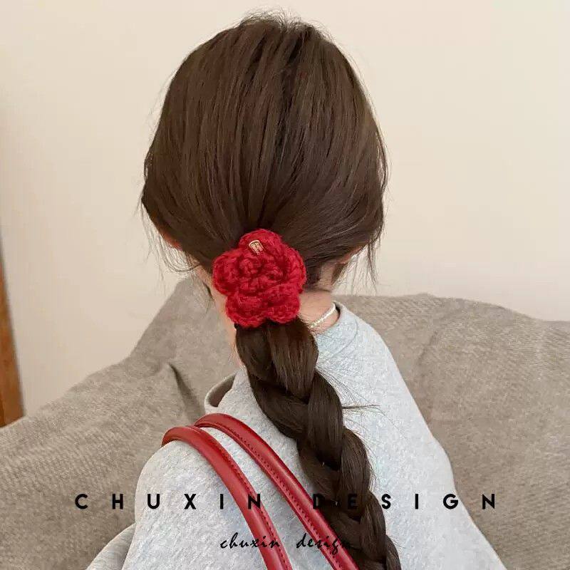 玫瑰花手工复古高级感发绳红色毛线轻奢马尾扎头发绳发圈韩系秋冬