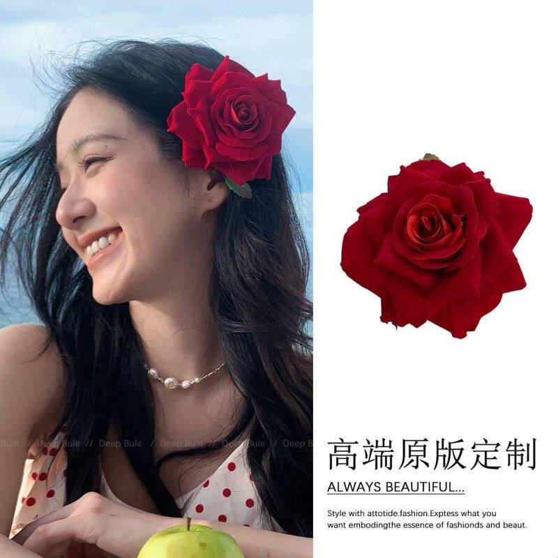 包上恩同款玫瑰发夹女红色花朵侧边夹法式复古大号高级感海边发卡