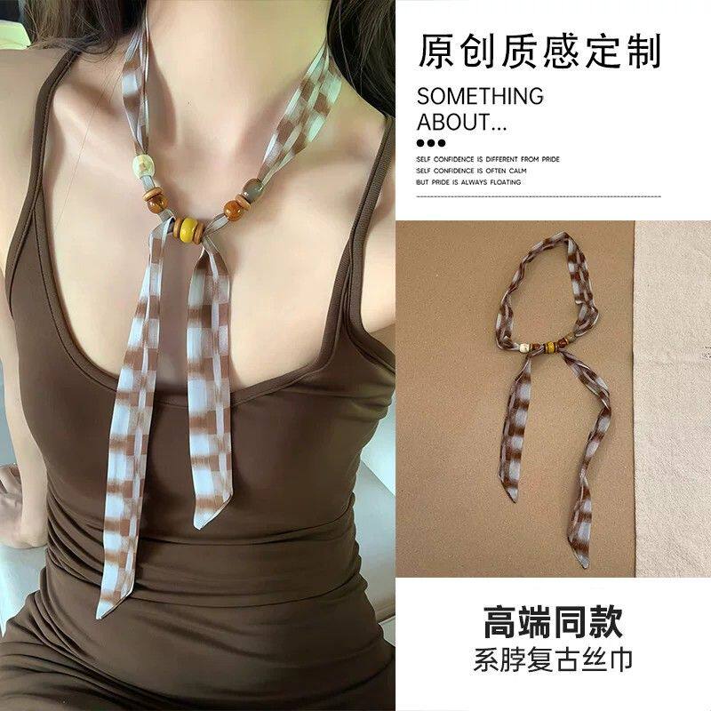 系脖高级感丝巾女士2026新款春夏季长条细窄领巾可调节百搭颈饰