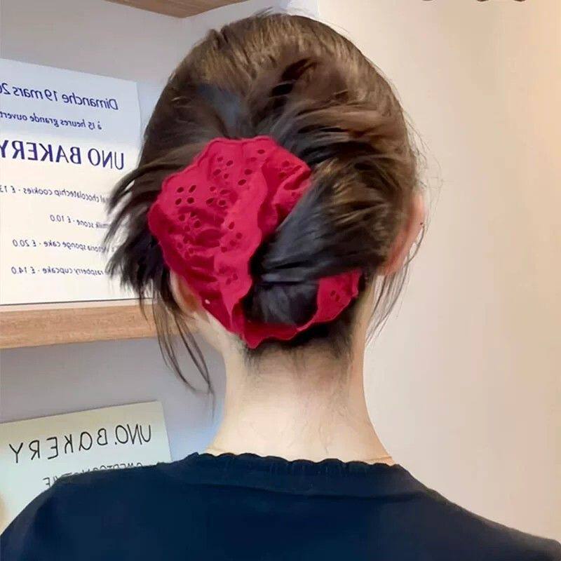 赵露丝同款法式红色蕾丝大肠发圈女双层花边浪漫镂空发绳发饰头饰