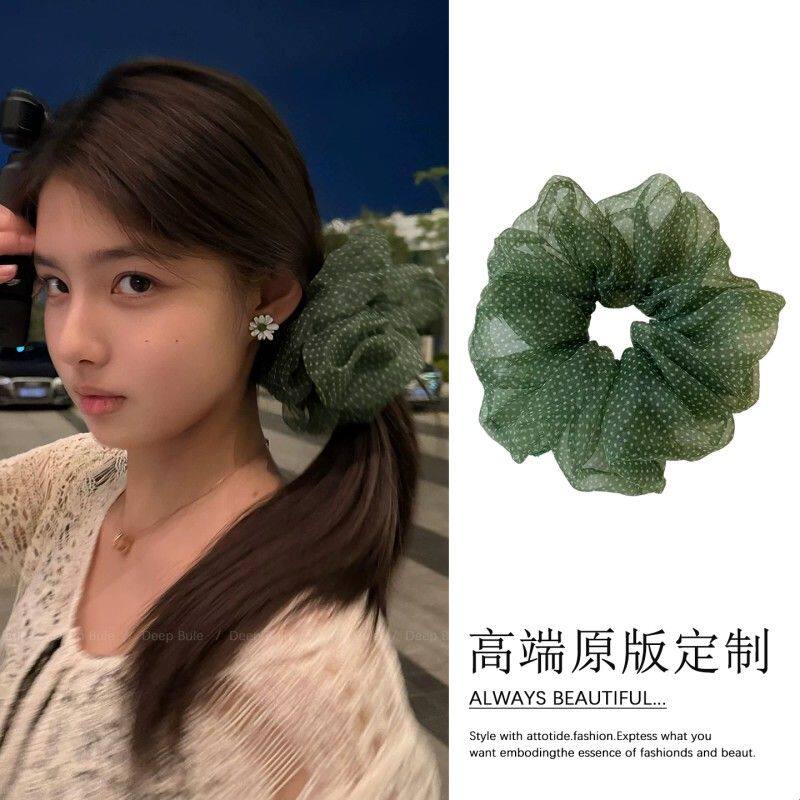 艾米同款波点绿色大肠发圈头绳女夏高级感韩系欧根纱扎头发皮筋