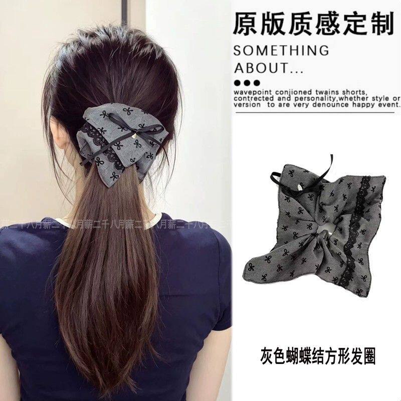 灰色格雷系蝴蝶结方形大肠发圈女气质高级感扎马尾头绳丸子头发饰