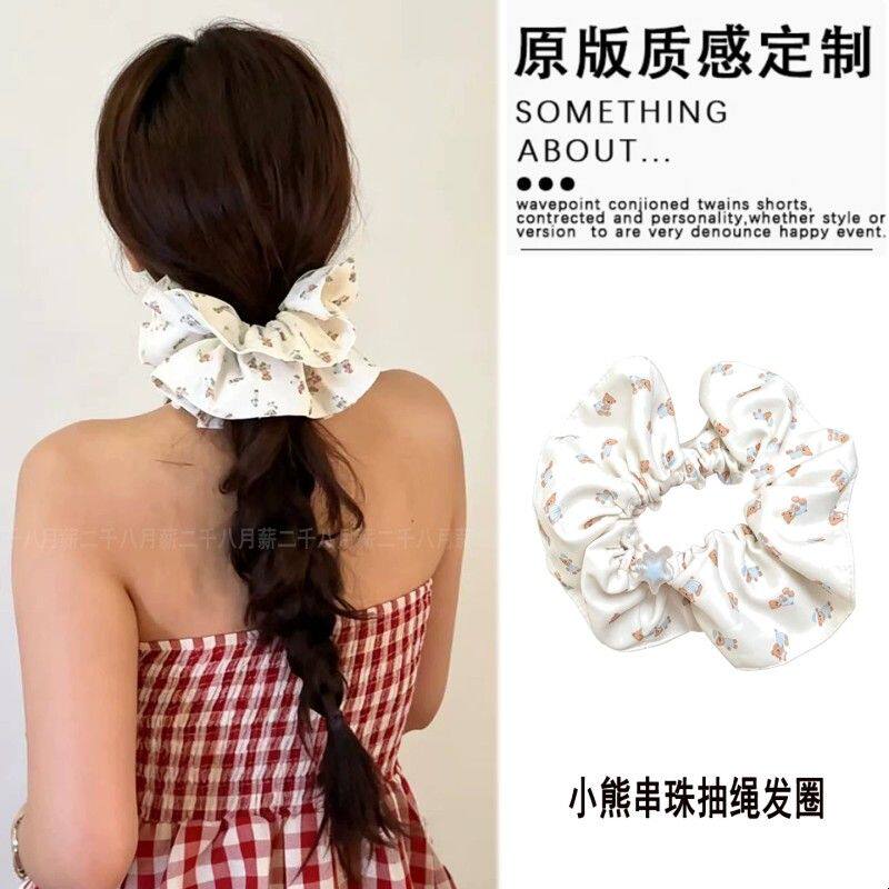 韩系小熊印花抽绳大肠发圈女可调节串珠发绳懒人扎发马尾丸子头饰