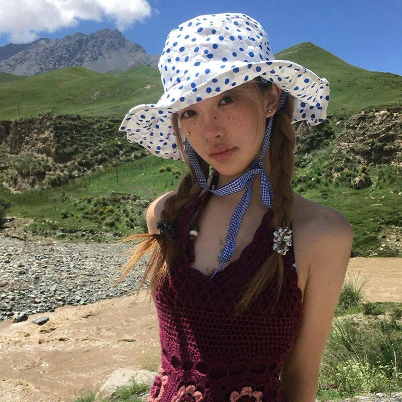 韩系ins风~蓝色波点系带渔夫帽子女夏季遮阳防晒百搭可折叠盆帽