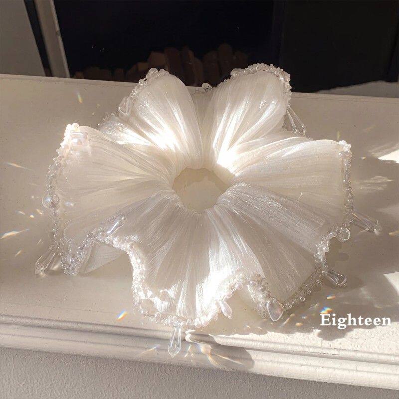 韩系白色丝光珍珠水钻流苏大肠发圈女高级感扎头发超大发饰头绳