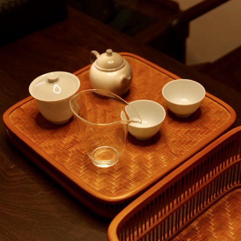日式复古竹编茶具收纳盒家用竹茶盘茶台多功能竹制品收纳架多宝阁