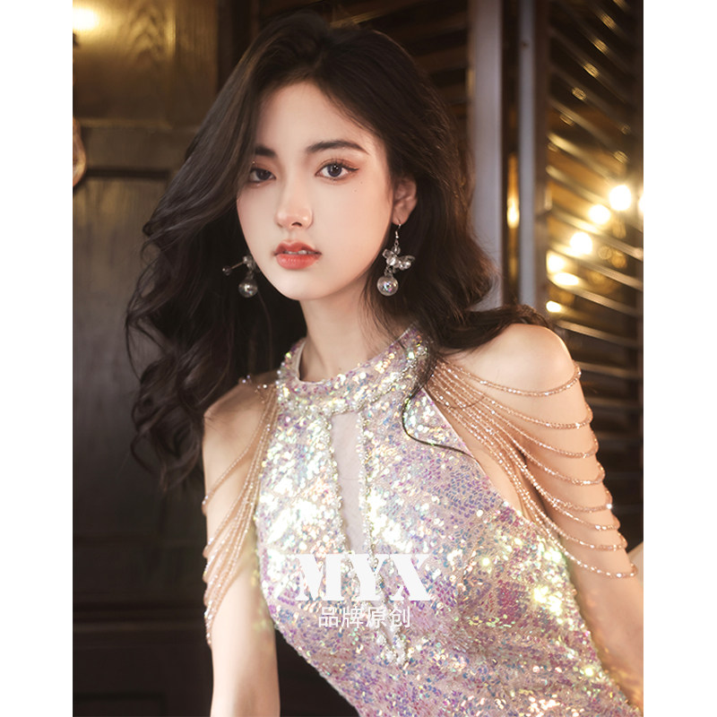 宴会晚礼服女2023新款气质高端主持人法式高定年会拖尾鱼尾连衣裙