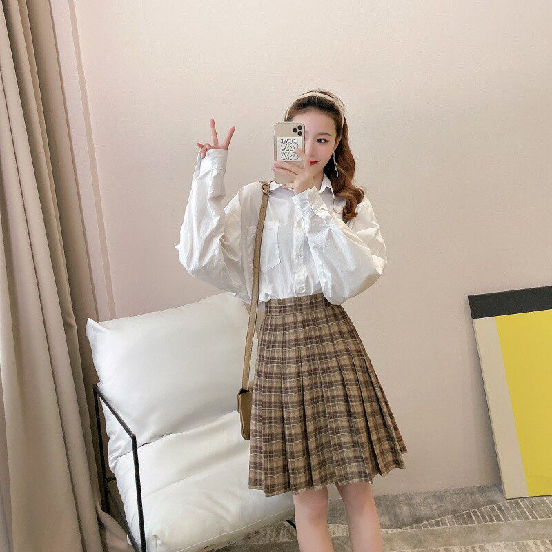 学院风格子百褶裙半身裙女大码 胖mm松紧腰中长款jk格裙学生中裙