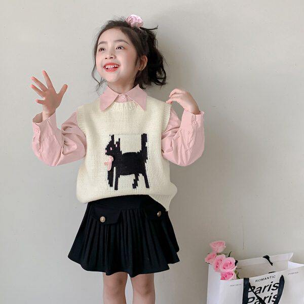 女童秋装套装2024新款儿童秋季针织马甲洋气小女孩春秋衬衫两件套