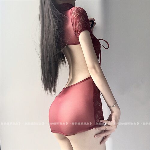 今晚来找我 蕾丝绑带旗袍性感制服套装内衣复古绣修身短裙睡裙女