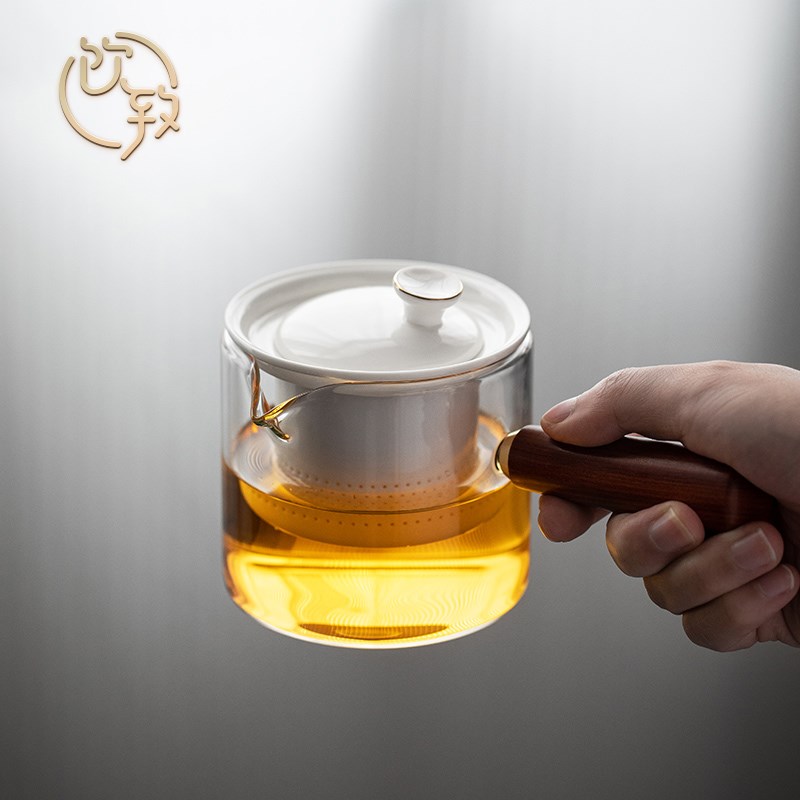 饮致侧把壶家用功夫茶具加厚耐热玻璃煮茶壶日式木柄泡茶壶带内胆
