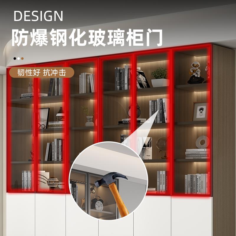 书柜定制客厅整墙一体到顶书架满墙柜玻璃可座展示柜奶油风手办柜