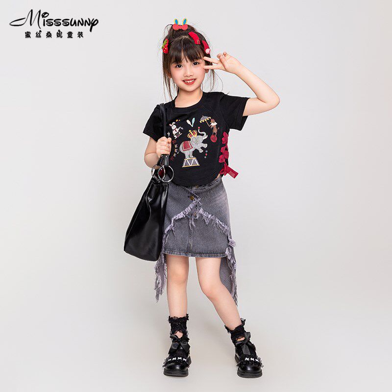 [裙摆可解]灰色两穿牛仔短裙女童装2024夏季新款休闲包臀半身裙