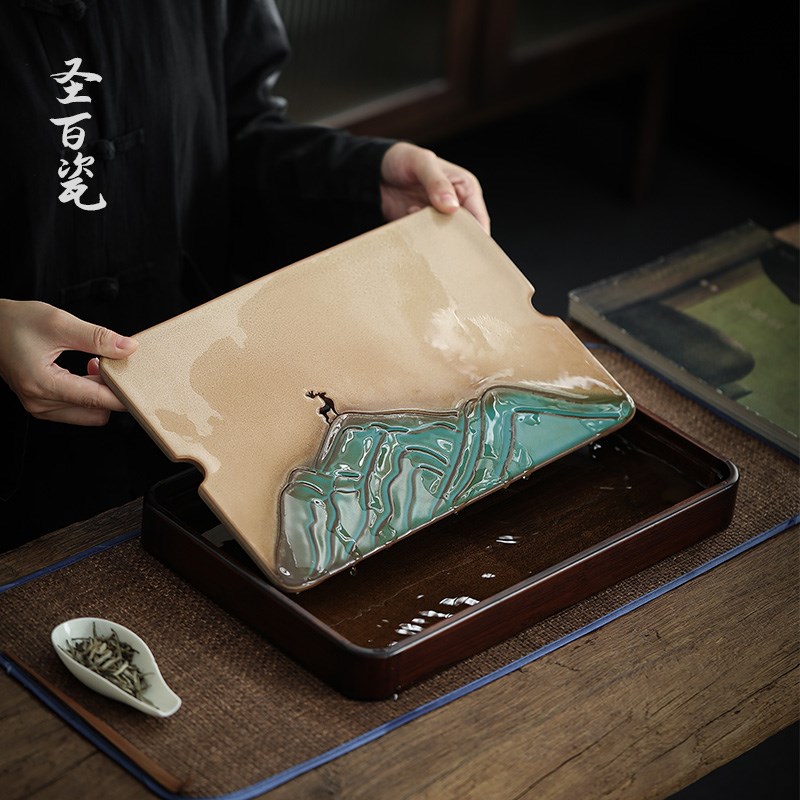 陶瓷蓄水茶盘日式家用简约功夫茶具实木干泡茶台长方托盘壶承茶海