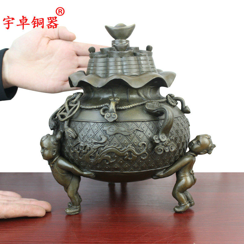 宇卓铜器三童子聚宝盆 纯铜聚宝盆工艺品摆件黄铜聚宝盆