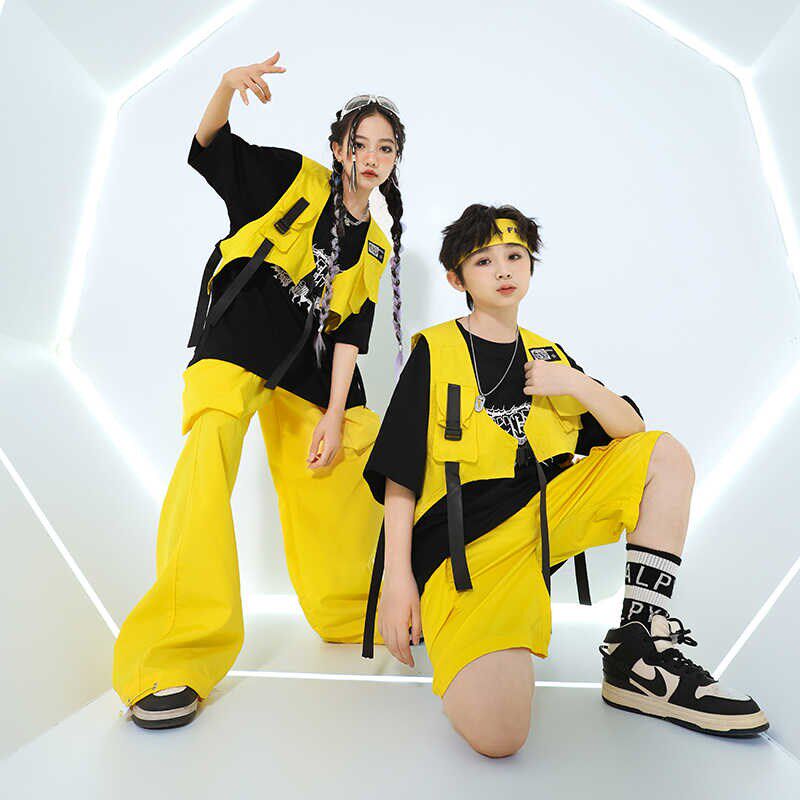 儿童街舞服男童酷帅黄马甲hiphop嘻哈架子鼓服女童舞蹈走秀表演服