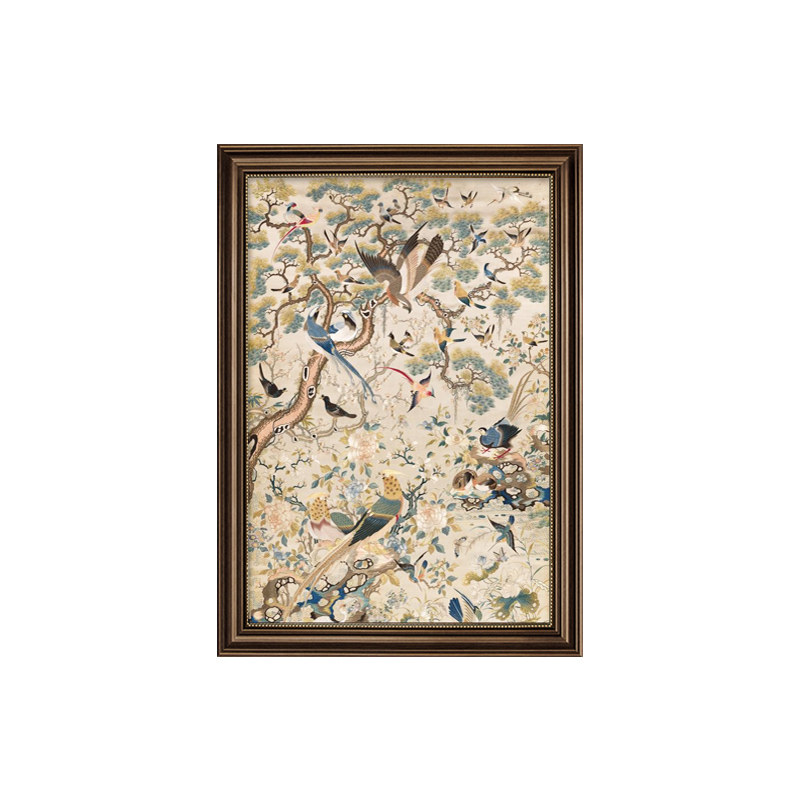 法式中古风饭厅装饰画新中式客厅挂画玄关复古艺术壁画花鸟祥和图