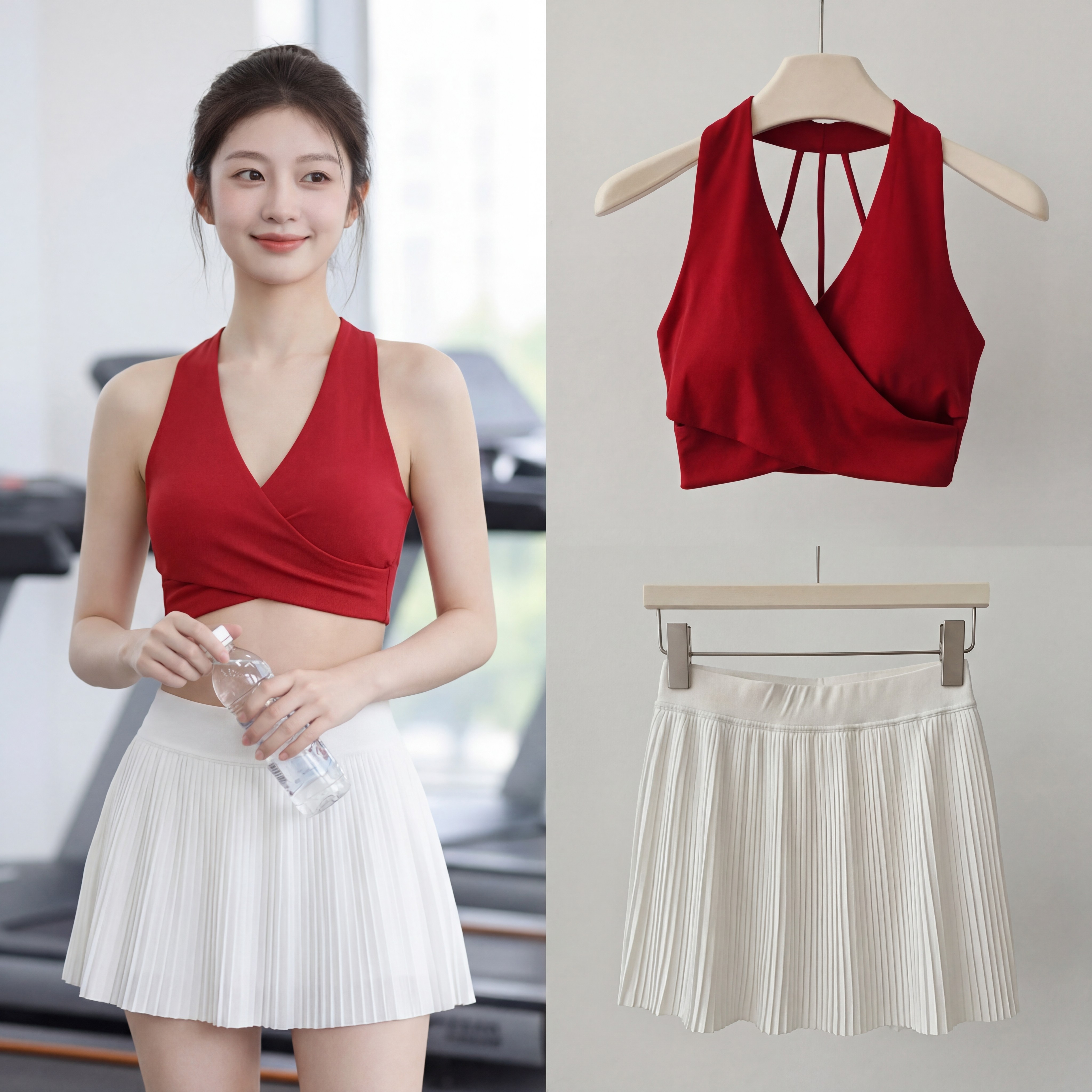 2026性感红V领挂脖吊带瑜伽背心女美背运动上衣带胸垫健身服套装