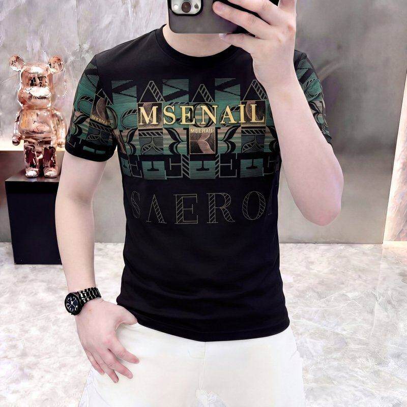 高端品牌冰丝短袖T恤男夏季新款潮流时尚修身百搭透气青年上衣帅