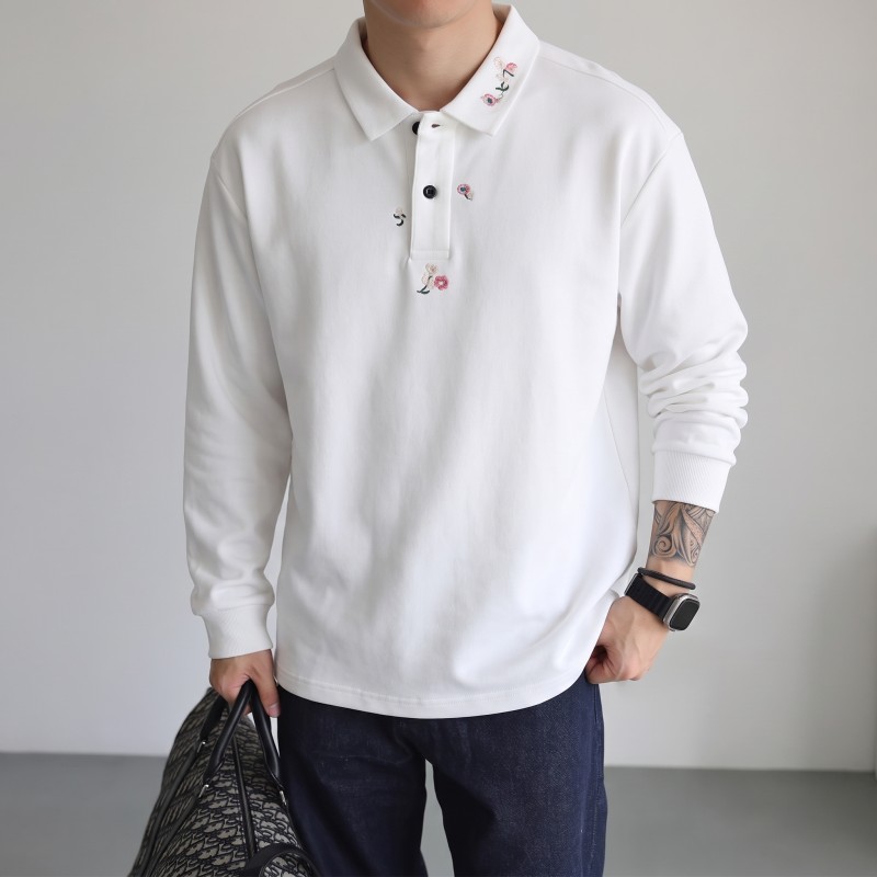 高级感刺绣Polo衫简约白色小巧花朵刺绣男士春秋通勤休闲长袖T恤