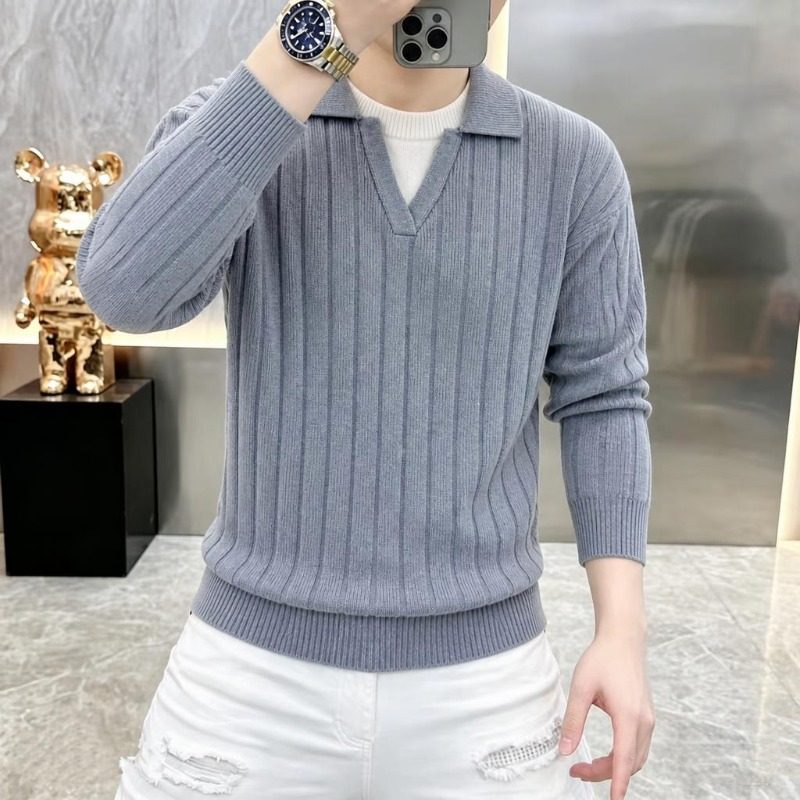高端男士翻领假两件针织衫2026新款秋冬纯色修身休闲毛衣打底上衣