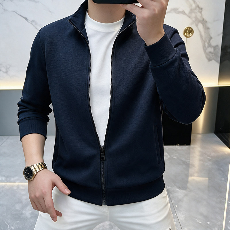 高端立领开衫外套男2026新款春秋纯色简约青年百搭休闲运动夹克