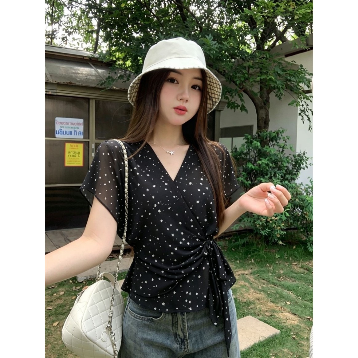 韩系复古绑带收腰上衣女