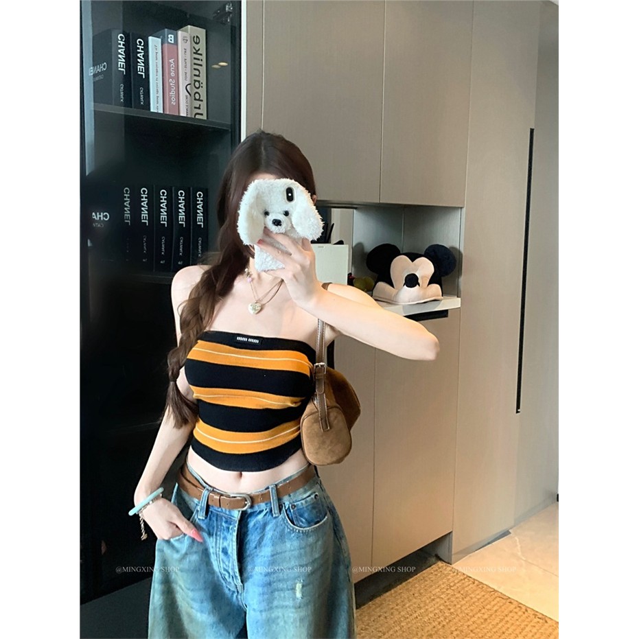 撞色条纹针织抹胸背心女