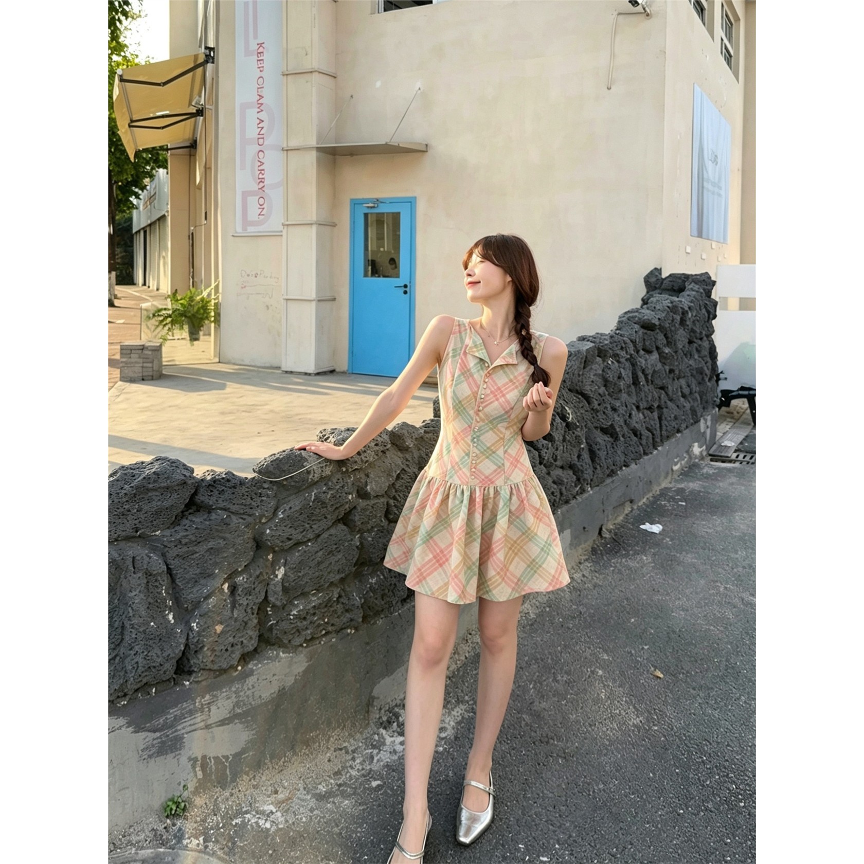 韩系甜美菱格撞色连衣裙