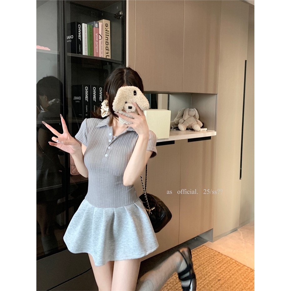 学院风polo领拼接连衣裙