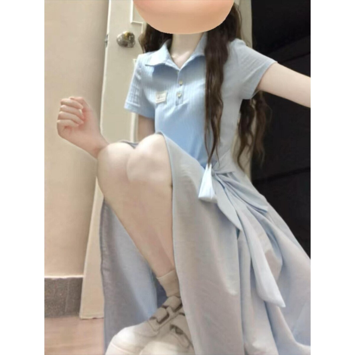 法式蓝色polo领连衣裙子