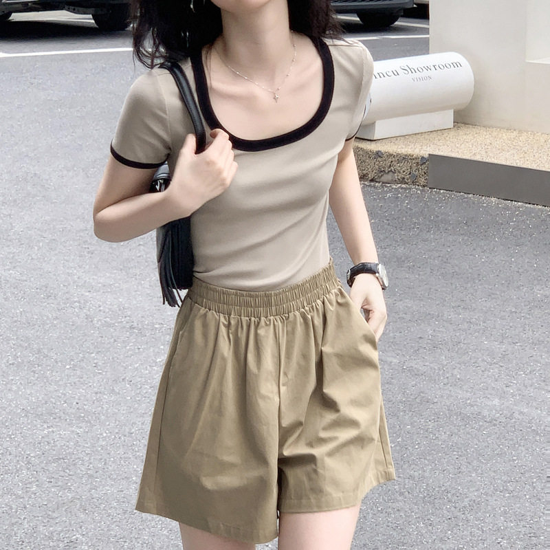 高级感正肩t恤女夏气质短款2026新款时尚高腰撞色U领百搭短袖上衣
