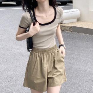 高级感正肩t恤女夏气质短款2026新款时尚高腰撞色U领百搭短袖上衣