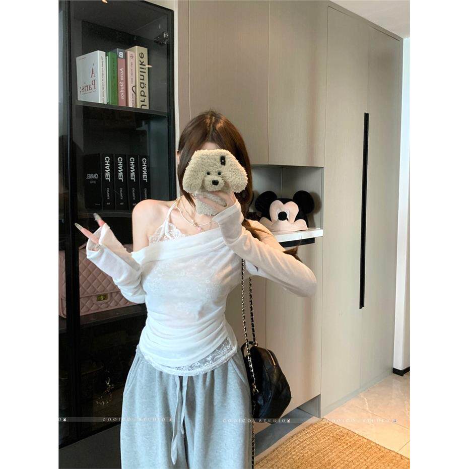 白色斜肩长袖T恤女早秋假
