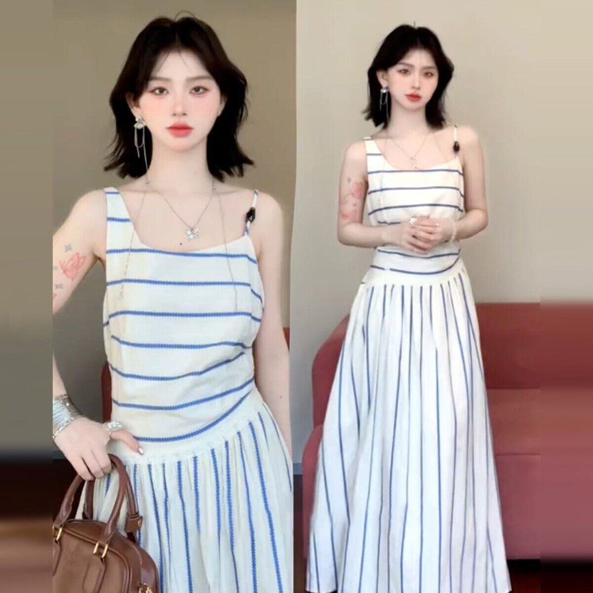 蓝色条纹吊带洋装子女夏