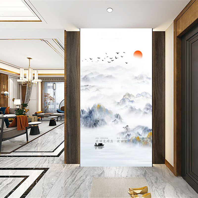 岩板玄关背景墙入户过道客厅石材大理石微晶石瓷砖壁画新中式山水