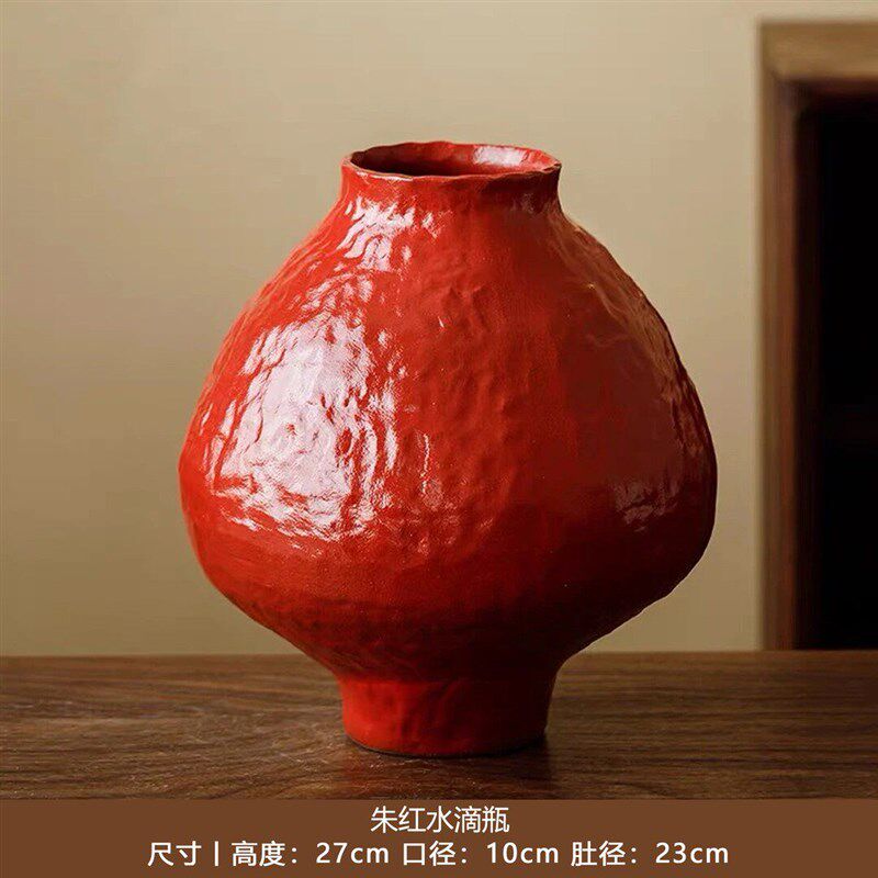 云舍景德镇陶瓷花瓶新年喜庆朱红色水滴瓶中式蘑菇瓶桌面插花摆件