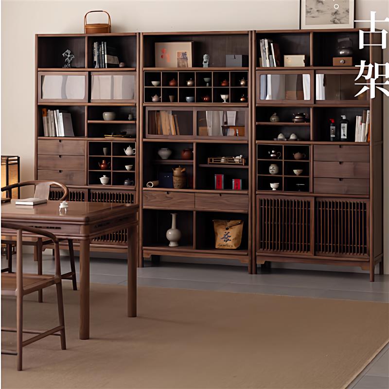 老榆木宋式美学博古架新中式实木茶架黑胡桃木色展示柜置物架茶室