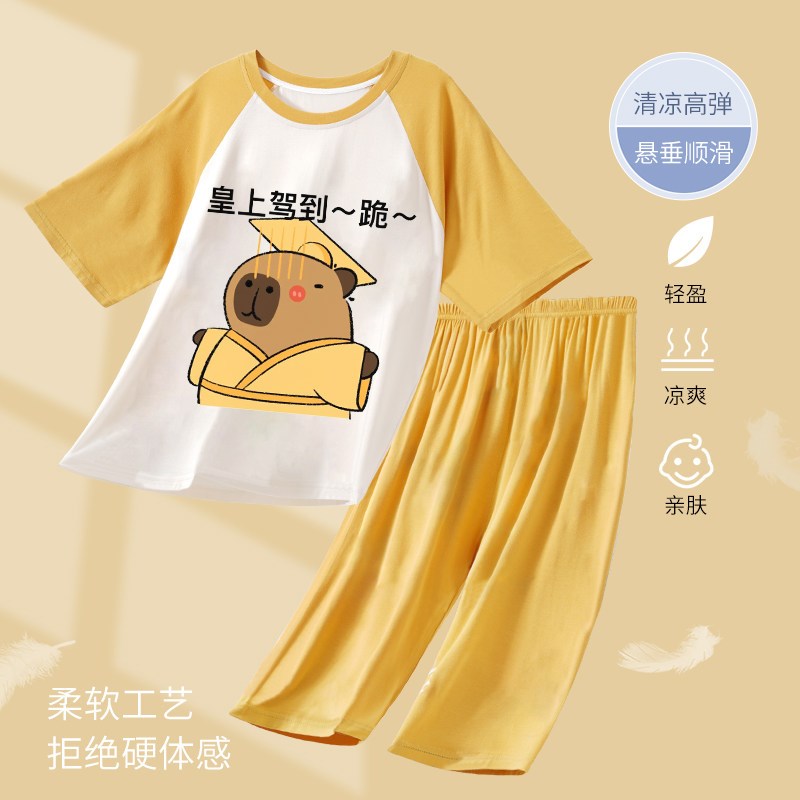 冰丝睡衣儿童夏季套装男青少年半袖皇帝抽象衣服男童莫代尔家居服