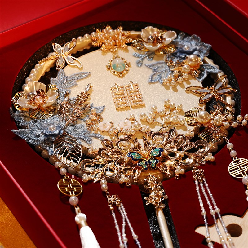 蓝色中式婚礼喜扇新娘结婚团扇古风手工diy材料包成品双面秀禾扇