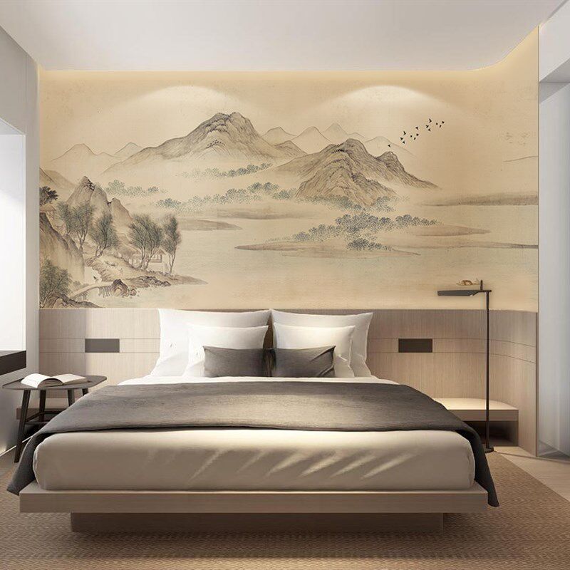 新中式山水墨画电视背景墙壁纸书房背景墙纸壁画3d防水防潮无纺布