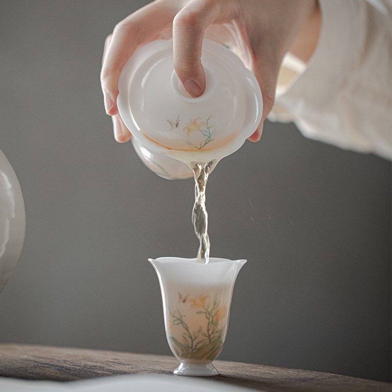 冰种玉瓷手绘满园春色花口盖碗茶杯白单个高档茶具功夫碗盖羊脂玉