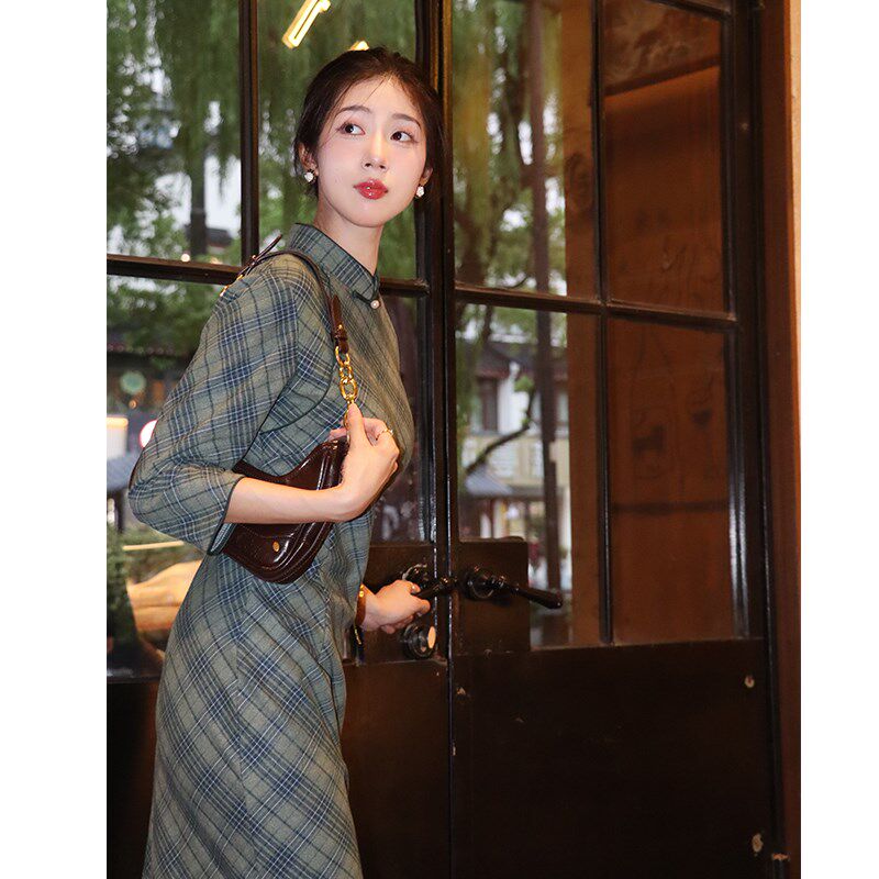 茶巷改良新中式旗袍2025新款格子年轻气质长袖少女文艺民国风春季