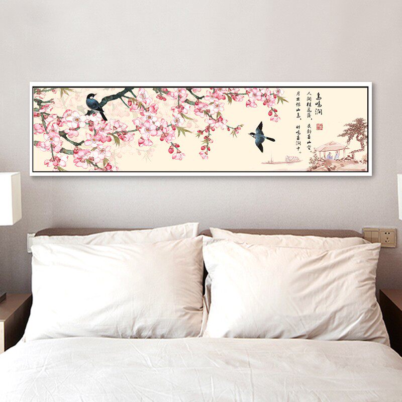 卧室装饰画床头挂画温馨花卉横幅装饰画新中式花鸟国画有框壁画