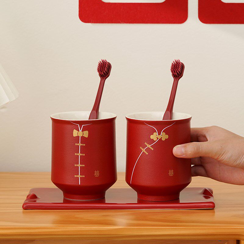 恒列国风结婚洗漱杯一对家用情侣刷牙杯子套装新婚陪嫁红色漱口杯