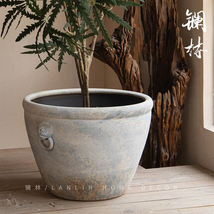 景德镇手工粗陶狮头陶瓷大缸落地圆坛水缸大花盆鱼缸摆件庭院圆弘