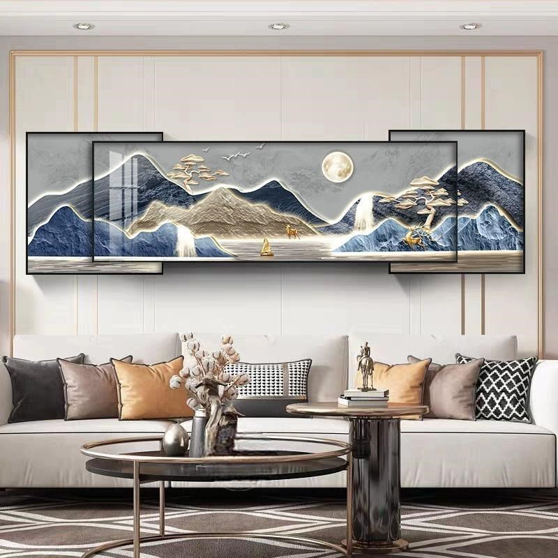 背有靠山客厅装饰画轻奢大气沙发背景墙挂画墙上山水画叠加壁画